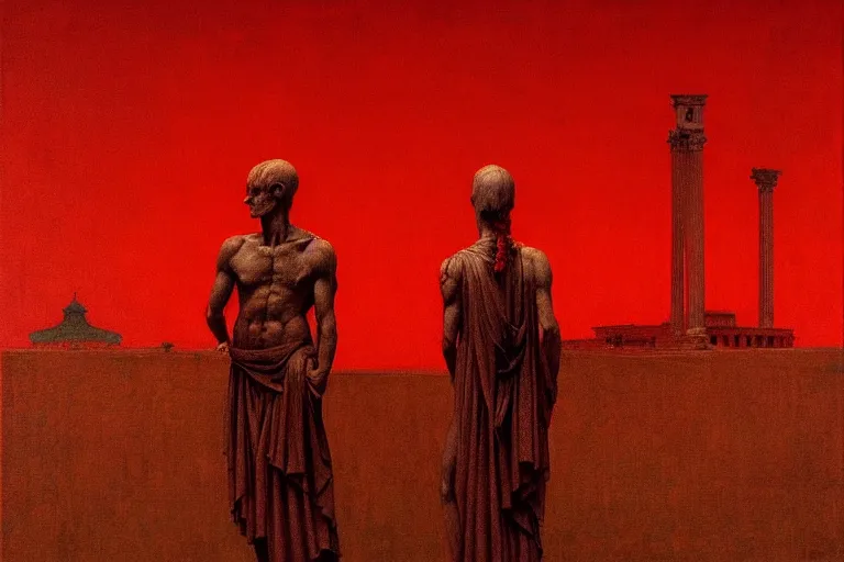 Image similar to only with red, caesar after war, the deal, a red tiger, in hoc signo vinces, rome in background, an ancient path, in the style of beksinski, part by hopper, part by rodcenko, part by hofbauer, intricate composition, red by caravaggio, insanely quality, highly detailed, masterpiece, red light, artstation