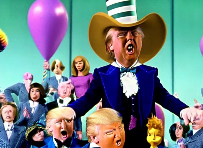 Prompt: film still of Donald Trump in Willy Wonka's and the Chocolate Factory 1971