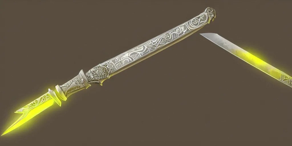 Image similar to silver sword with its blade covered in glowing yellow sigils, realistic, high quality, artstation, concept art