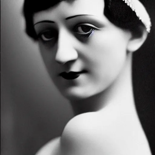 Image similar to photograph of a woman wearing flapper fashion, 1 9 2 0's, looking at the camera, aesthetic, elaborate, intricate, highly detailed, detailed face, photorealism, smooth, sharp focus, rim light, art by man ray,