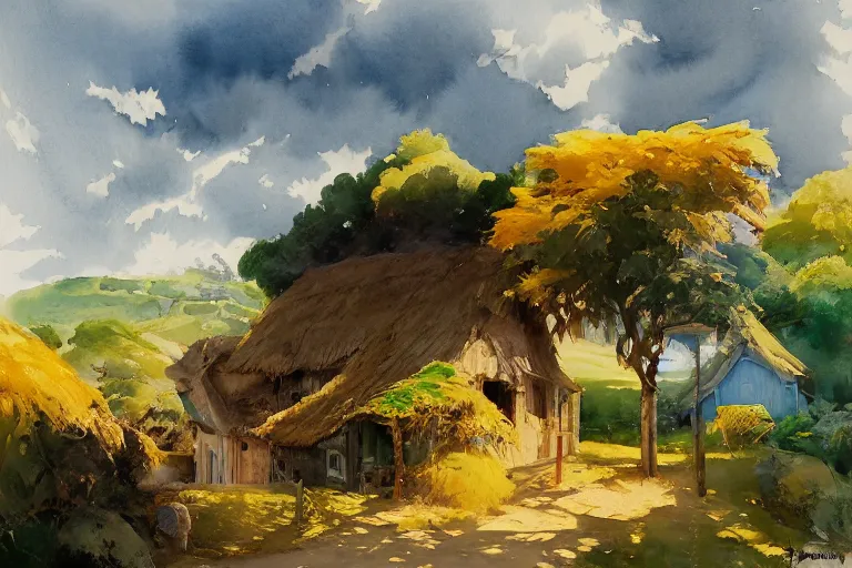 Image similar to small centered on watercolor paper, paint brush strokes, abstract watercolor painting of madeira landscape, traditional straw roof house, translucent leaves, cinematic light, national romanticism by hans dahl, by jesper ejsing, by anders zorn, by greg rutkowski, by greg manchess, by tyler edlin