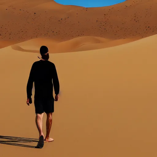 Image similar to man wandering the desert solemnly, realistic 8k