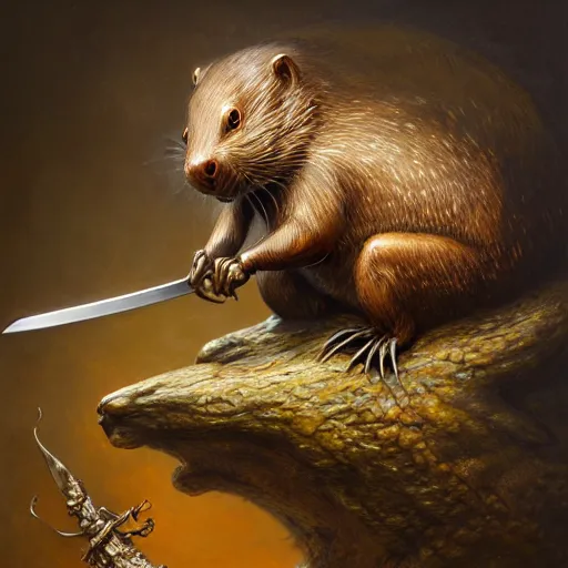 Image similar to a beautiful detailed 3d matte portrait of a ninja beaver, by ellen jewett, by tomasz alen kopera, by Justin Gerard, ninja outfit, visible beaver tail, shiny katana sword, dollar bills, ominous, magical realism, texture, intricate, skeleton, whirling smoke, radiant colors, fantasy, volumetric lighting, high details