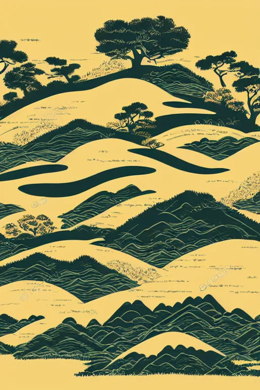 Image similar to amazing vector artwork, 2 tone Japanese landscape print