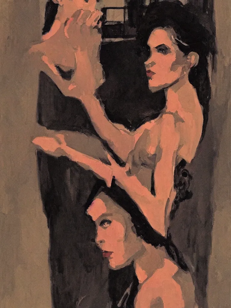 Image similar to portrait profile of one mysterious dark beautiful women in 1 9 7 8, oil painting by john watkiss