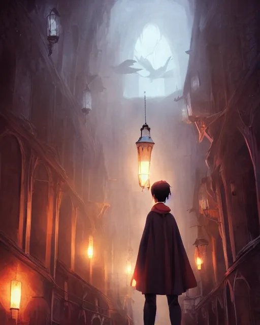 Image similar to harry potter, full shot, atmospheric lighting, detailed face, by makoto shinkai, stanley artger m lau, wlop, rossdraws, james jean, andrei riabovitchev, marc simonetti, krenz c