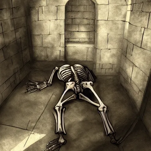 Image similar to skeleton laying in a dungeon, moody atmosphere, medieval prison, dungeon cell, prison cell, dusty, artstation award, ultra - realistic, illustration, bones