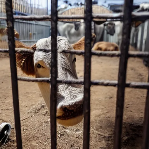 Prompt: chained calf inside a cage watching a bottle of milk