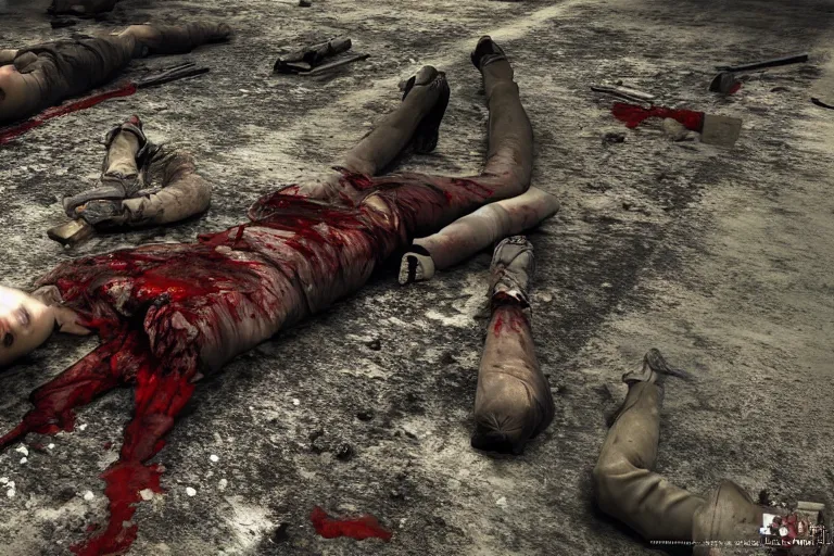 Prompt: bloody battlefield, filled with dead bodies, photorealistic, detailed