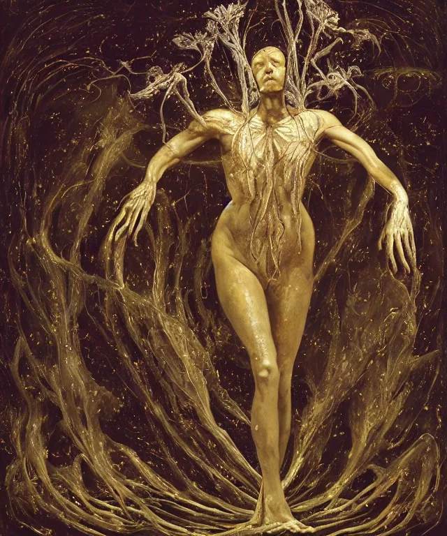 Prompt: Beautiful full-body wax sculpture of a glowing transparent infinite plant with women faces as leaves with visible gold bones covered with melted white wax inside the singularity where stars becoming baroque folds of dark matter of Samsara by Michelangelo da Caravaggio, Nicola Samori, William Blake, Alex Grey and Beksinski, dramatic volumetric lighting, highly detailed oil painting, the golden ratio intial composition, 8k, masterpiece