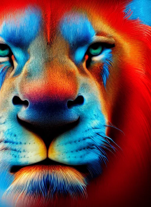 Prompt: a close up of a red lion's face with blue eyes, an album cover by jacob toorenvliet, featured on behance, cubo - futurism, rendered in cinema 4 d, sketchfab, rendered in maya, red shift, synthwave, by enguerrand quarton, by alesso baldovinetti, 3 d render, holography,