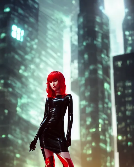 Image similar to Portrait of a futuristic rogue by Charlie Bowater, latex dress, gothic, short red hair, complementary rim lights, backlit, posing, cyberpunk city backdrop