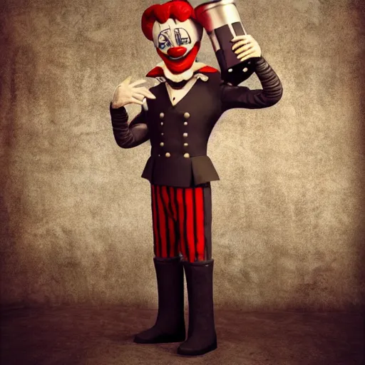 Image similar to Unreal Engine render of a peculiar man with a long curvy accordion-neck, clown face, steampunk, 4K character design