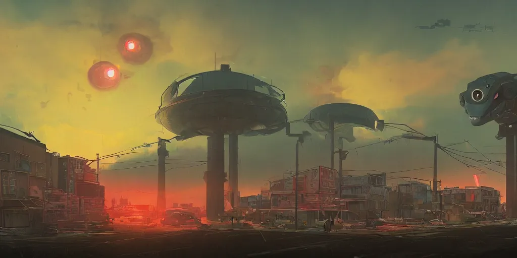 Image similar to landscape imagery, dystopian city, sunset, alien robot dragon in the sky, inspired by Simon Stalenhag