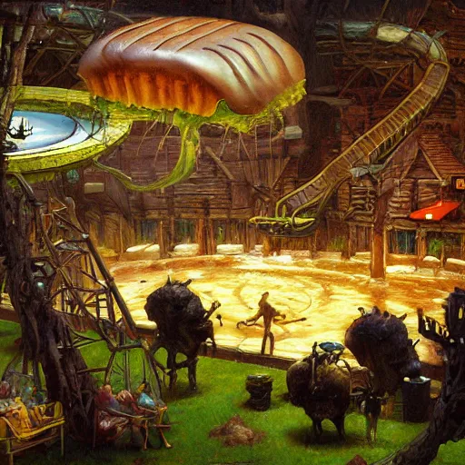 Prompt: giant cheeseburger waterpark painting by brain froud, charles vess, cinematic lighting, epic composition, highly detailed