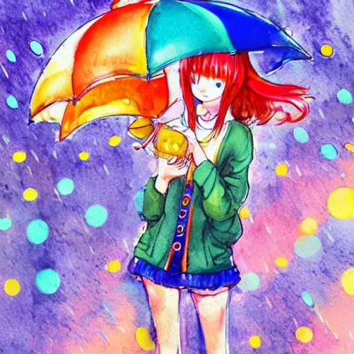 Image similar to rain, pattern, cute anime, vivid colors, watercolors, umbrella, girl