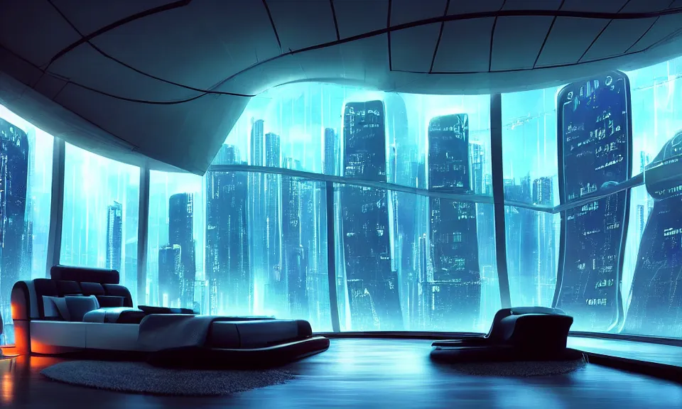 Image similar to a futuristic bedroom with large curved ceiling high windows looking out to a far future cyberpunk cityscape, cyberpunk neon lights, raining, scifi