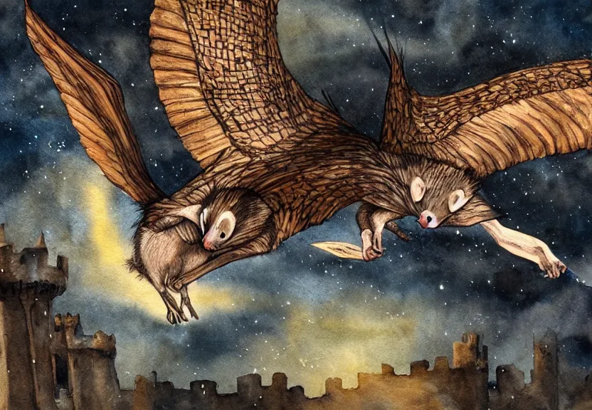 Prompt: gorgeous winged possum flying over a medieval castle under a dark starred sky, dark fantasy, watercolor, dreaming illusion, highly detailed, 4k, trending on Artstation, award-winning