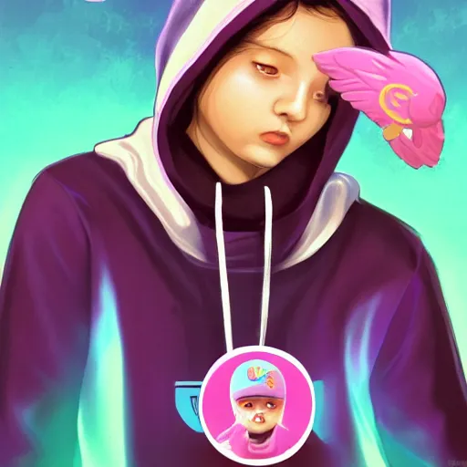 Image similar to baby Angel, baby cherub,wearing angel, face covered, Gucci, x logo, halo, ski mask, balaclava, face covered, wearing angel halo covered face, orange hoodie, hip hop, multiple golden necklaces, Nike, fantasy art apex fortnite Video game icon, 2d game art gta5 cover , official fanart behance hd artstation by Jesper Ejsing, by RHADS, Makoto Shinkai and Lois van baarle, ilya kuvshinov, rossdraws