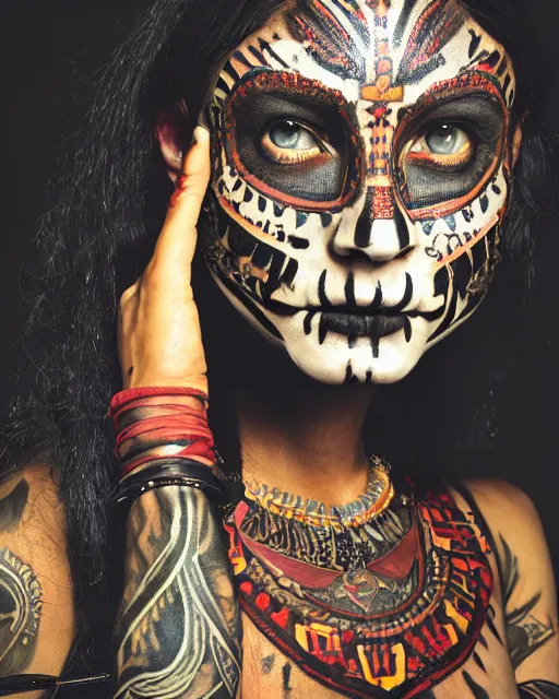 Image similar to photorealistic head and shoulders photo of beautiful female ornate fantasy indian tribal aztec warrior goddess, confident, minimal black skull warpaint, tattoos, Neil Blevins, James Paick, Natasha Tan Maciej Kuciara, Frank frazetta, arney freytag, Ritu Kumar, Sabyasachi Mukherjee, Annie Leibowitz, Magic the gathering,octane, bokeh, 8k, fashion pose, cinematic, National Geographic photo shoot, 28mm