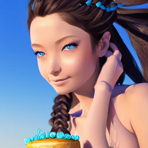 Prompt: Render of a beautiful 3d anime woman holding a birthday cake to show the camera, braided hair loops, Inuit heritage, blue eyes, full round face, proud smile, golden hour, serene beach setting, medium shot, mid-shot, hyperdetailed, trending on Artstation, Unreal Engine 4k