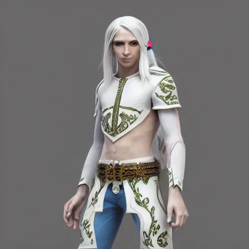 Image similar to a highly detailed male elf in full length, with white long hair, white clothes, bright blue eyes, artstation, DeviantArt, professional, octane render