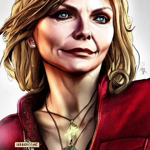 Image similar to michelle pfeiffer portrait, borderlands, tales from the borderlands, the wolf among us, comic, cinematic lighting, studio quality, 8 k