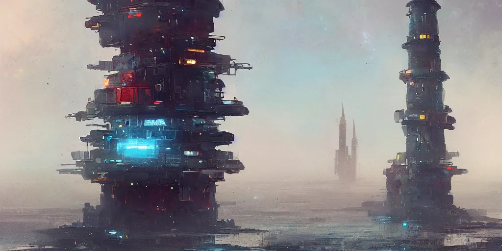 Prompt: concept art of a lone towering sci - fi lighthouse at the waterfront of a busy city, grimy, gritty, blade runner 2 0 4 9, trending on artstation, award winning painting, cgi, art by john berkey and anton fadeev and john howe and simon stalenhag