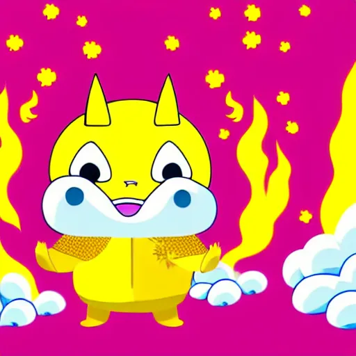 Image similar to kawaii wacky fluffy popcorn with lightning bolt power, with golden helmet, yokai, in the style of a mamashiba, with a yellow beak, with a toroidal energy field, with a smiling face and flames for hair, sitting on a lotus flower, white background, simple, clean composition, symmetrical, suitable for use as a logo