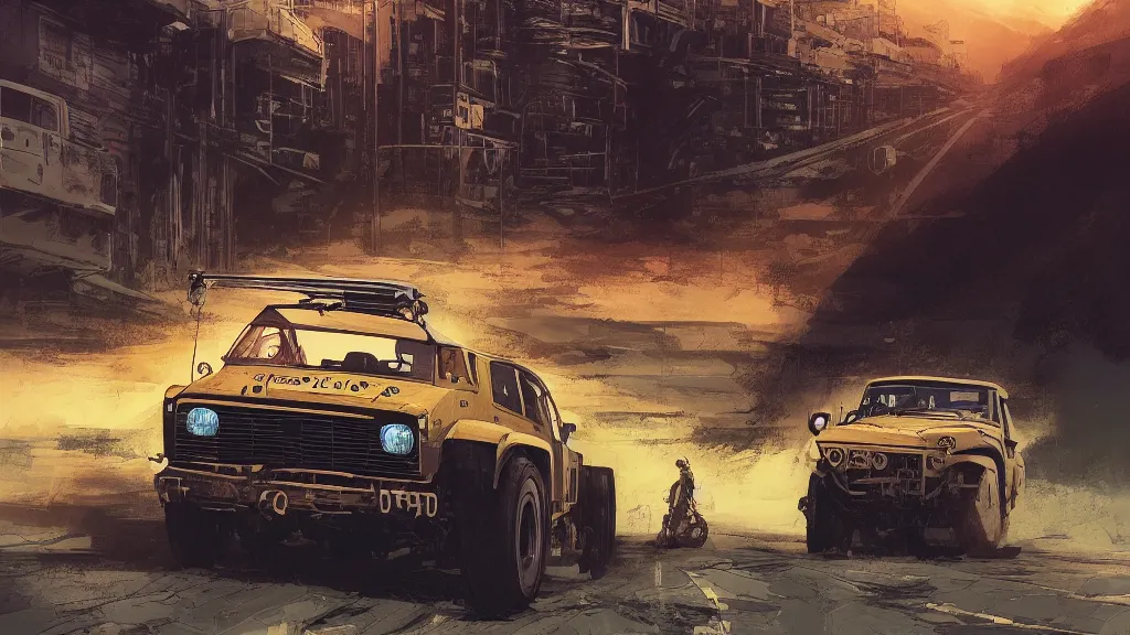Prompt: digital illustration of mad max's fj 4 0 pursuit special, the last v 8 interceptor driving down a deserted cyberpunk highway in the middle of the day by studio ghibli, anime style, by makoto shinkai, ilya kuvshinov, lois van baarle, rossdraws, basquiat