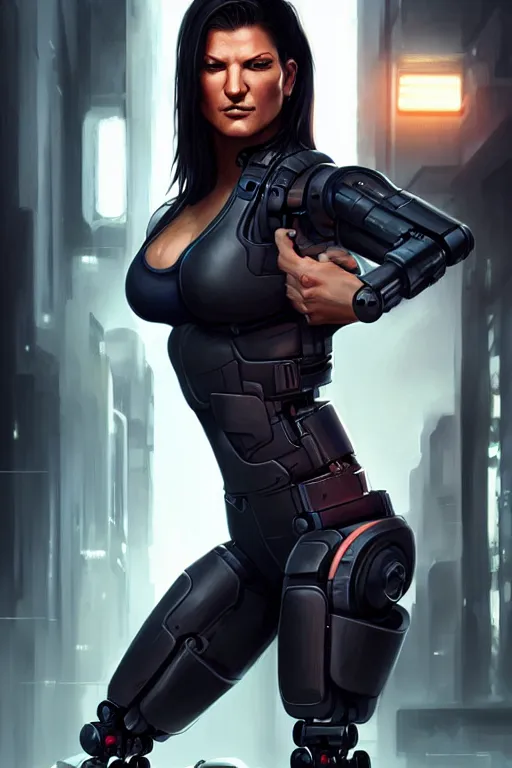 Prompt: gina carano with robotic left arm, casual black clothing, muscular, realistic proportions, casual pose, large portrait, cyberpunk, shadowrun, rpg character, digital painting, artstation, concept art, smooth, 8 k frostbite 3 engine, ultra detailed, art by artgerm and greg rutkowski and magali villeneuve