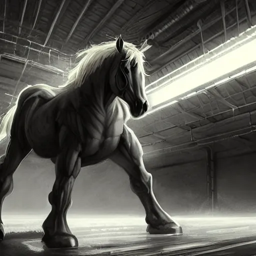 Image similar to a gigantically muscular anthro horse in a research facility wearing a skintight body armor, buff experimental supersoldier, long white mane, digitigrade legs, equine, anthro art, furaffinity, highly detailed, digital painting, artstation, concept art, illustration, art by artgerm, greg rutkowski, ruan jia