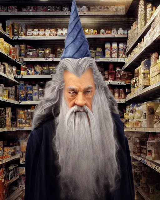 Prompt: gandalf wearing a wizard hat, stacking supermarket shelves craig mullins, cinematic lighting, gloomy