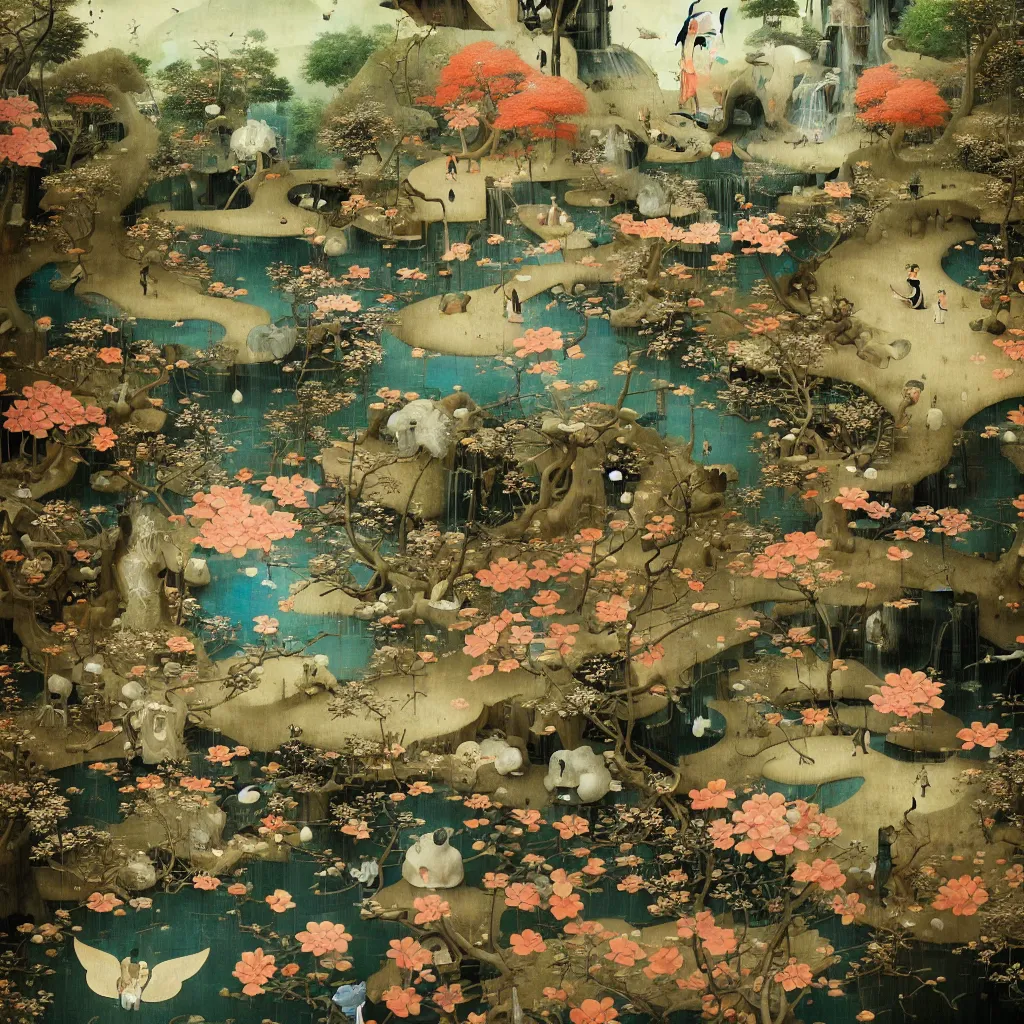Prompt: Japanese Garden by Hieronymus Bosch and James Jean, Ross Tran, hypermaximalist, surreal oil painting, highly detailed, dream like, masterpiece