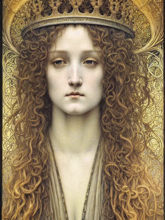 Image similar to detailed realistic beautiful young medieval queen face portrait by jean delville, gustave dore and marco mazzoni, art nouveau, symbolist, visionary, gothic, pre - raphaelite. horizontal symmetry