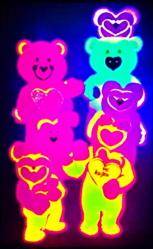 Prompt: care bears at woodstock concert blacklight style