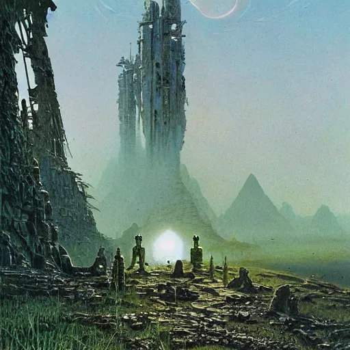 Image similar to astronauts exploring alien ruins, green mist atmosphere, art by bruce pennington