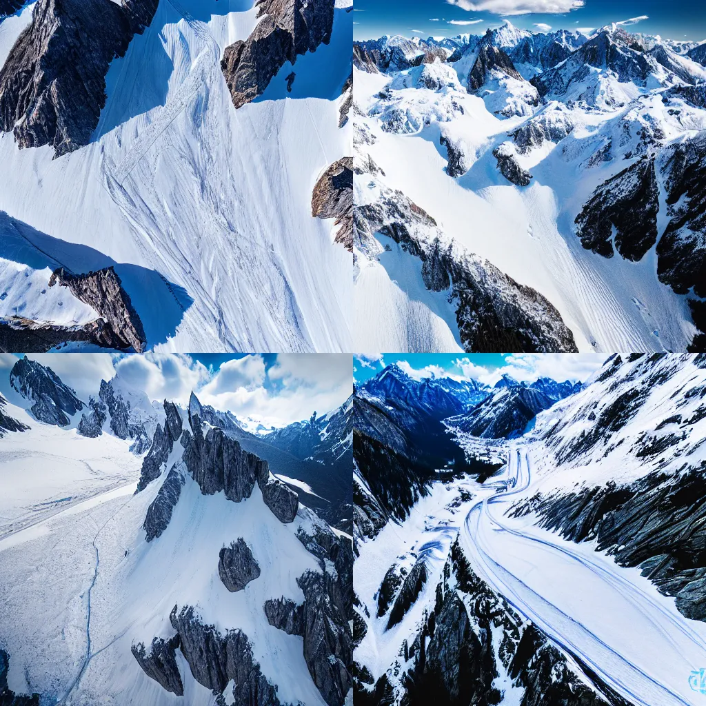 Prompt: Drone photography of the Vallee Blanche, Chamonix