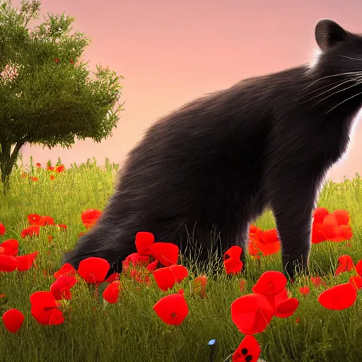 Image similar to a closeup photorealistic photograph of a two different black adult cats sitting on 4 paws next to big a black and white adult racoon in a field of poppy with a red sunset in the background. This 4K HD image is Trending on Artstation, featured on Behance, well-rendered, extra crisp, features intricate detail and the style of Unreal Engine.