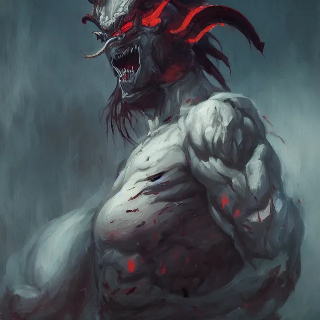 Image similar to a painting of a japanese demon by greg rutkowski, dark fantasy art, high detail, trending on artstation