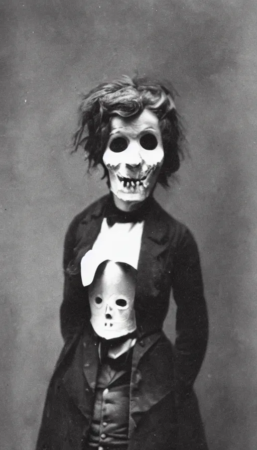 Image similar to a portrait photograph of a victorian wearing a scary vintage halloween mask, 1 9 0 0 s picture