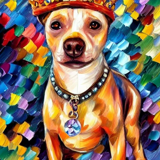 Image similar to painting of a mini pitbull wearing a crown and jewelry by Leonid Afremov