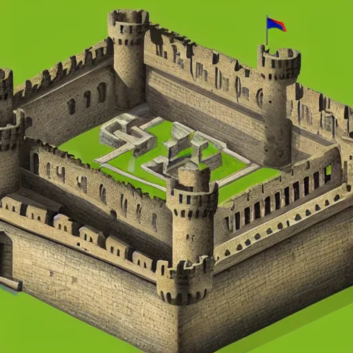 Prompt: an ancient castle in the middle of nowhere,historical,realistic,moat,isometric,sky view