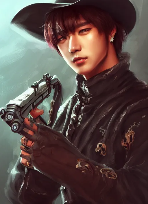 Image similar to a highly detailed illustration of bts v as cowboy wearing black cowboy hat, dramatic wielding gun pose, perfect face, intricate, elegant, highly detailed, centered, digital painting, artstation, concept art, smooth, sharp focus, league of legends concept art, wlop