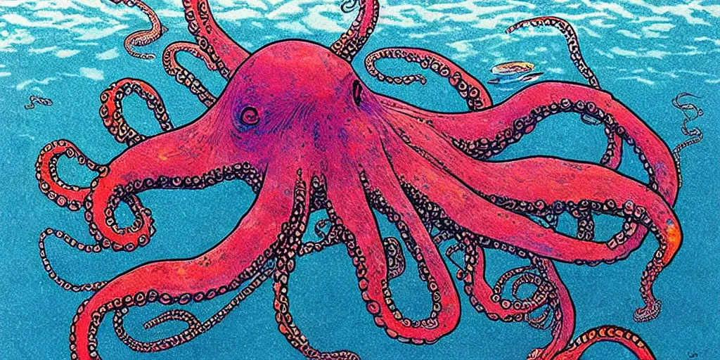 Prompt: ” beautiful octopus drifting in the deep sea painted by moebius. ”