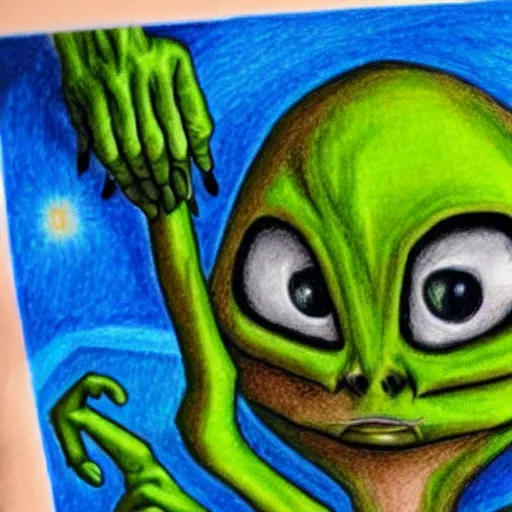 Prompt: crayola drawing of an alien showing it's fingers, green skin, big dark eyes, space suit, desert backround, detailed drawing,