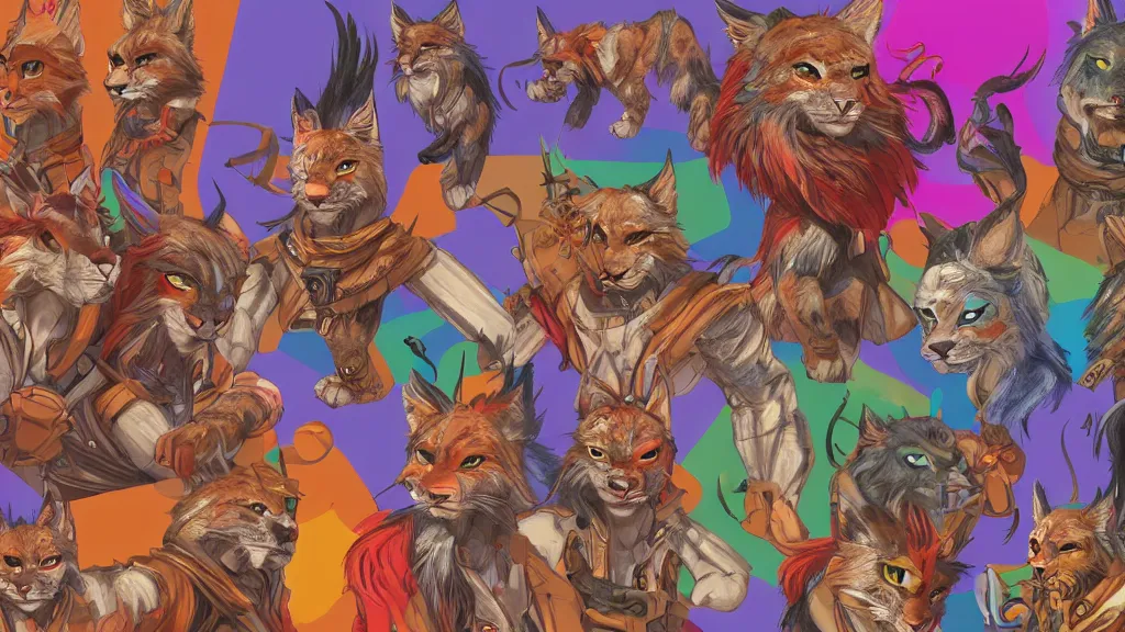 Prompt: colorful and vivid character sheet for a handsome muscular masculine lynx - man space - pirate with head of lynx, long tail, furry fandom, swashbuckling and romantic, retrofuture, high contrast, realistic, coherent, illustration, digital art, trending on artstation, hd, 8 k, good lighting, beautiful, rough paper, masterpiece