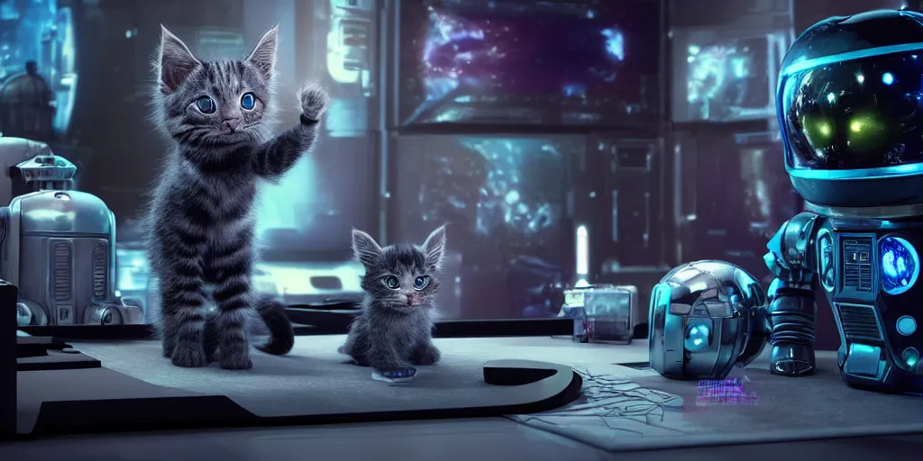 Image similar to a 3 d rendered movie of a cute robot kitten. the robot has rgb lighting implants and it resembles a maine coon kitten. in the background is a cat tree ( cyberpunk ). dramatic lighting. science fiction blockbuster movie, imax 7 0 mm. octane 3 d render, style of mandalorian ( american space western television series )