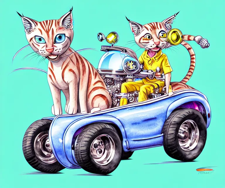 Image similar to cute and funny, lynx point siamese wearing a helmet riding in a hot rod with an oversize engine, ratfink style by ed roth, centered award winning watercolor pen illustration, isometric illustration by chihiro iwasaki, edited by range murata, tiny details by artgerm and watercolor girl, symmetrically isometrically centered, sharply focused