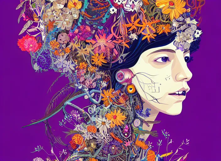 Image similar to a painting of a beautiful cyborg girl with a lot of flowers and blueberries and exotic plants on its head, poster art by android jones, behance contest winner, generative line art, made of flowers, grotesque, concert poster